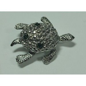 Signed Lia Lianna Vintage SilverTone Crystal Sea Turtle Pin Brooch Green Figural